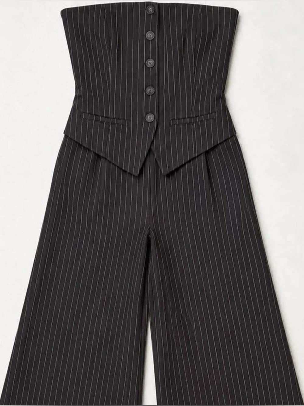 Pinstriped Black/Grey Strapless Jumpsuit